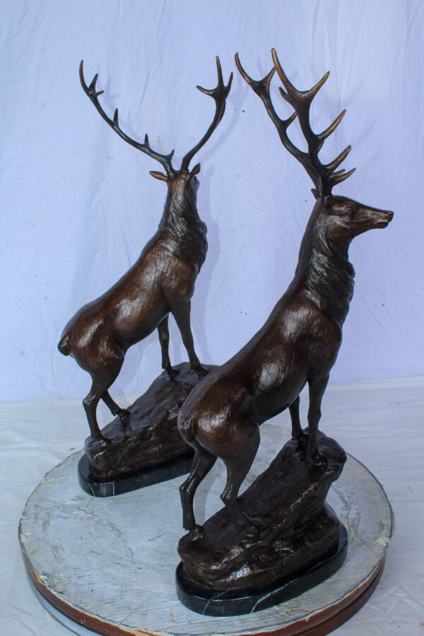 Pair of Bronze Deer Stag Statues Standing on Rock Base 14" x 10" x 28"H - Image 5