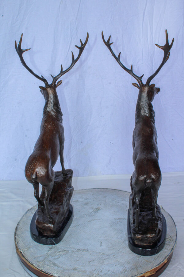 Pair of Bronze Deer Stag Statues Standing on Rock Base 14" x 10" x 28"H - Image 6