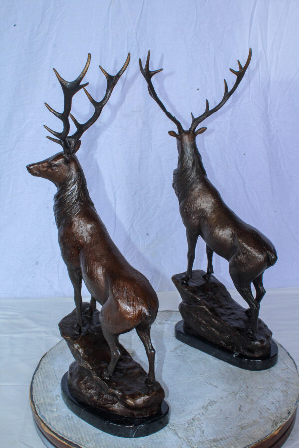 Pair of Bronze Deer Stag Statues Standing on Rock Base 14" x 10" x 28"H - Image 11