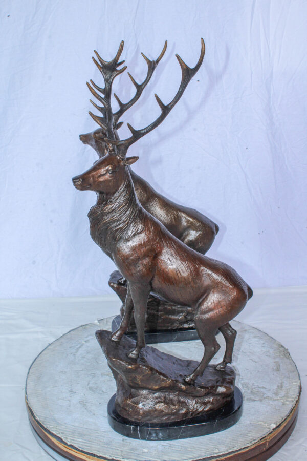 Pair of Bronze Deer Stag Statues Standing on Rock Base 14" x 10" x 28"H - Image 7
