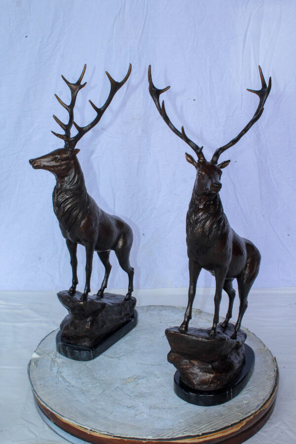 Pair of Bronze Deer Stag Statues Standing on Rock Base 14" x 10" x 28"H - Image 8