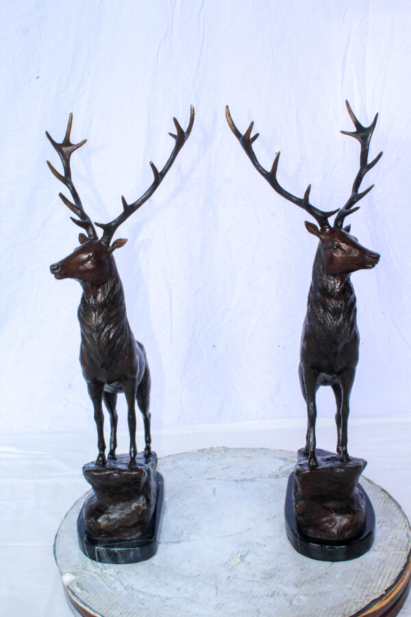 Pair of Bronze Deer Stag Statues Standing on Rock Base 14" x 10" x 28"H - Image 9