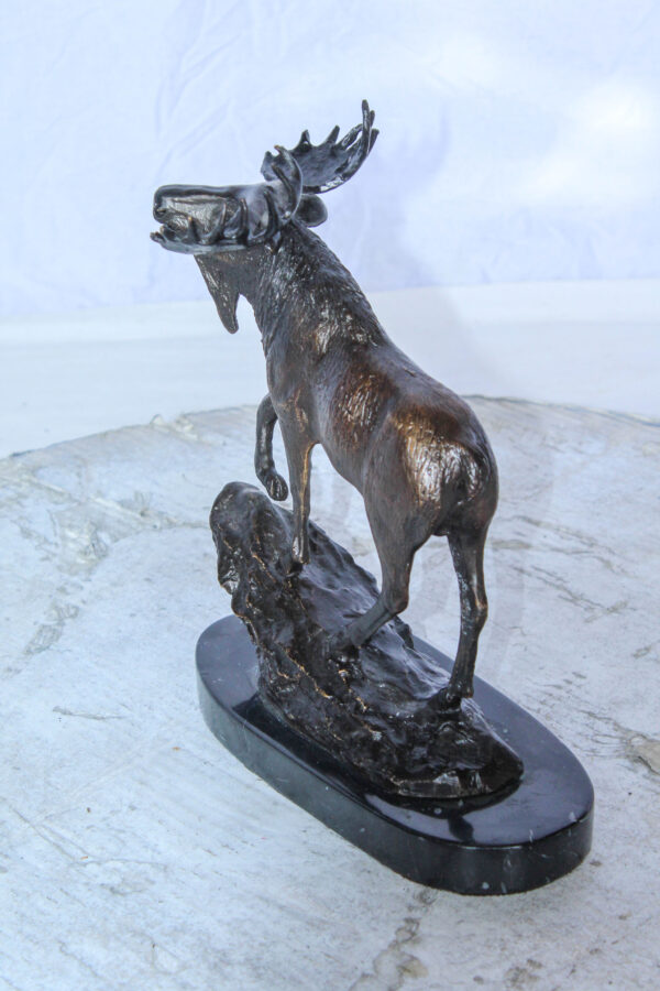Bronze Moose Statue on Marble Base with Antlers Raised 10" x 6" x 9"H - Image 5