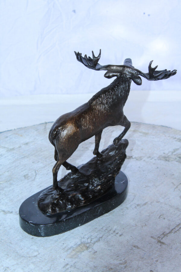 Bronze Moose Statue on Marble Base with Antlers Raised 10" x 6" x 9"H - Image 7
