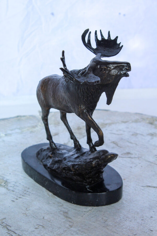 Bronze Moose Statue on Marble Base with Antlers Raised 10" x 6" x 9"H - Image 9