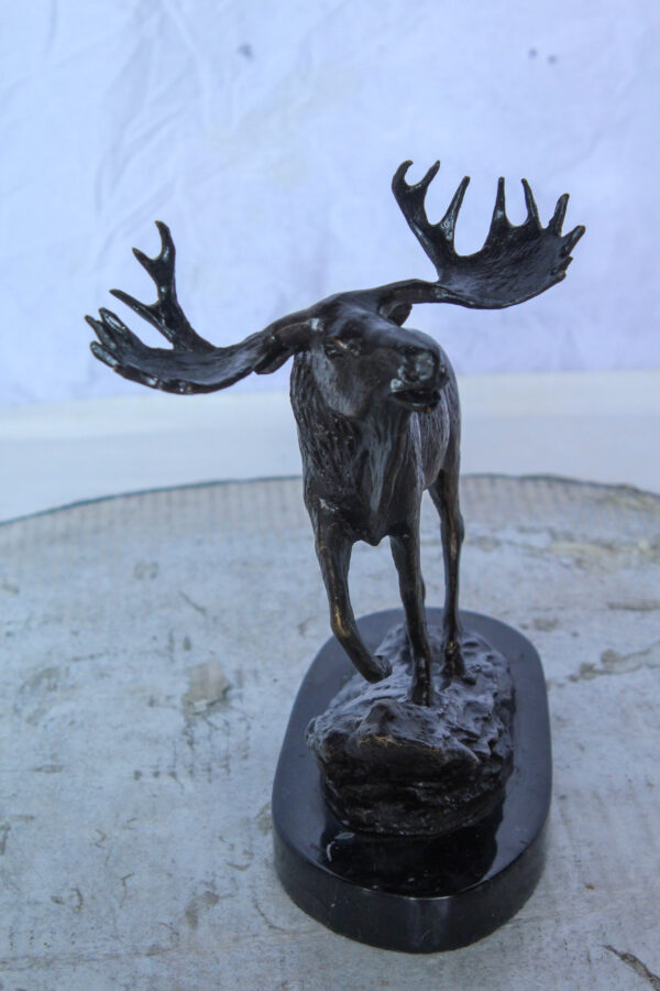 Bronze Moose Statue on Marble Base with Antlers Raised 10" x 6" x 9"H - Image 10