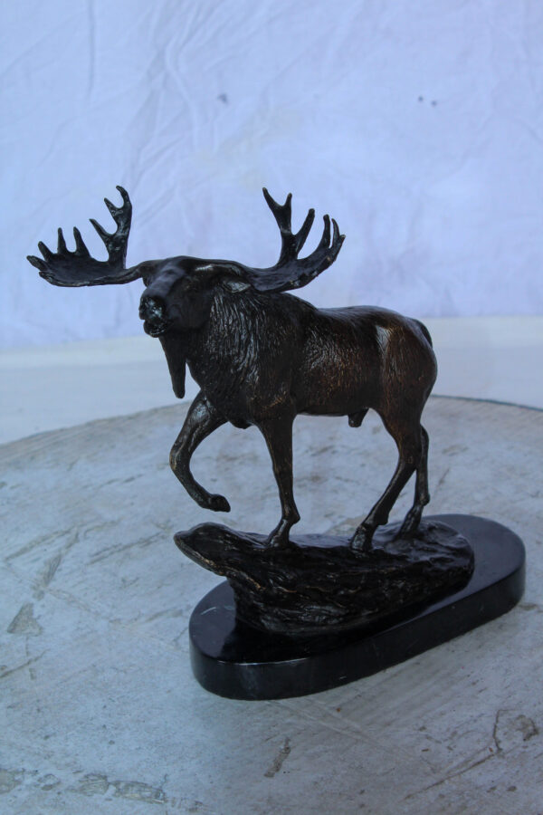 Bronze Moose Statue on Marble Base with Antlers Raised 10" x 6" x 9"H - Image 11