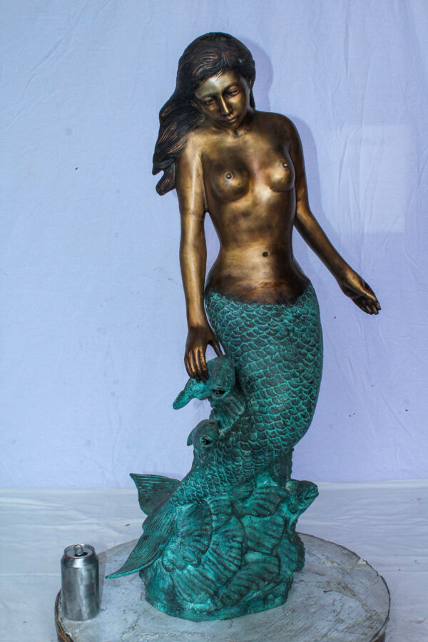 Nude Art Bronze Mermaid Fountain with Fish and Patina Finish 23" x 14" x 39"H - Image 5