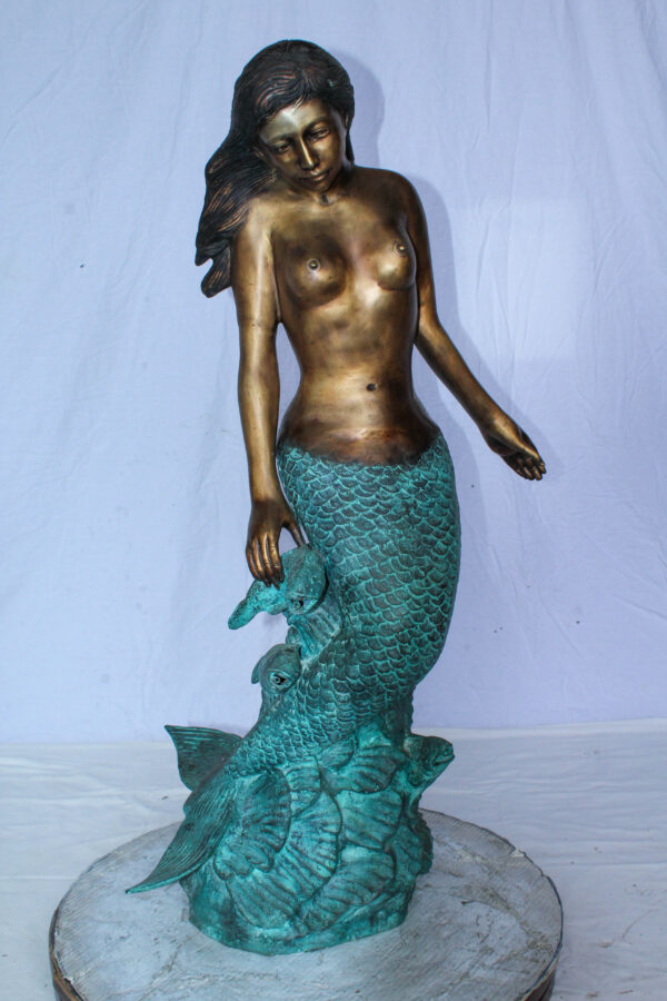 Nude Art Bronze Mermaid Fountain with Fish and Patina Finish 23" x 14" x 39"H - Image 7