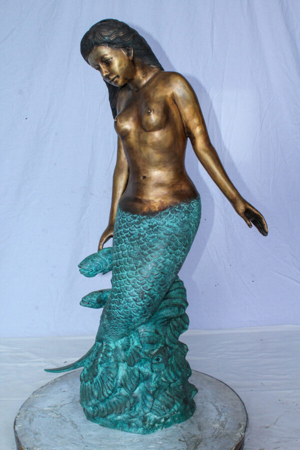 Nude Art Bronze Mermaid Fountain with Fish and Patina Finish 23" x 14" x 39"H - Image 8