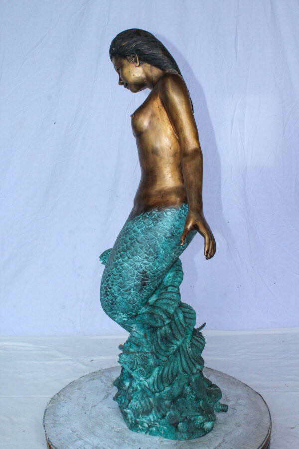 Nude Art Bronze Mermaid Fountain with Fish and Patina Finish 23" x 14" x 39"H - Image 9