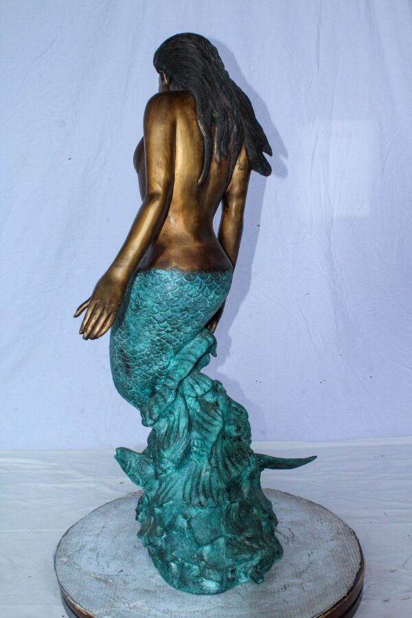 Nude Art Bronze Mermaid Fountain with Fish and Patina Finish 23" x 14" x 39"H - Image 10