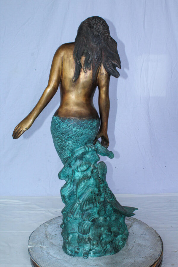 Nude Art Bronze Mermaid Fountain with Fish and Patina Finish 23" x 14" x 39"H - Image 11