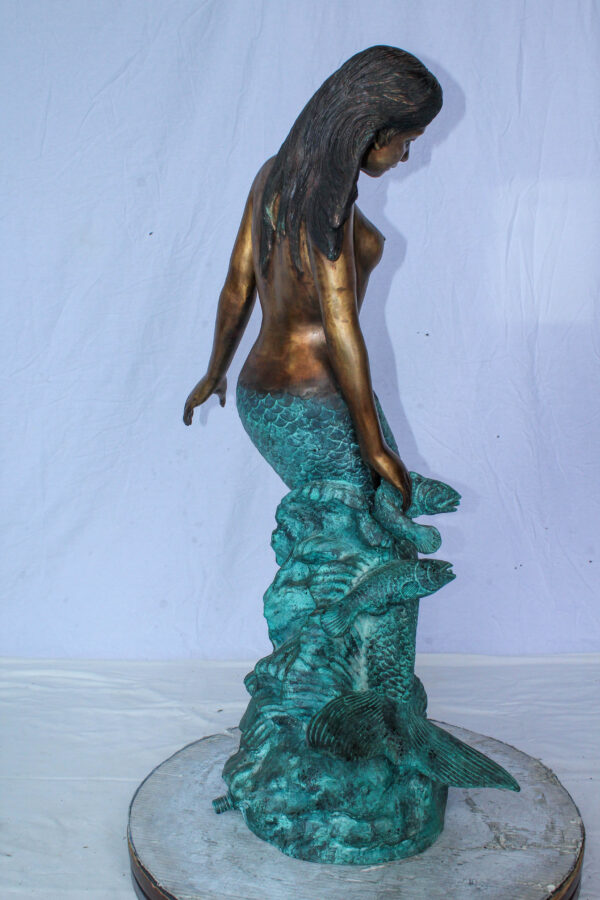 Nude Art Bronze Mermaid Fountain with Fish and Patina Finish 23" x 14" x 39"H - Image 12