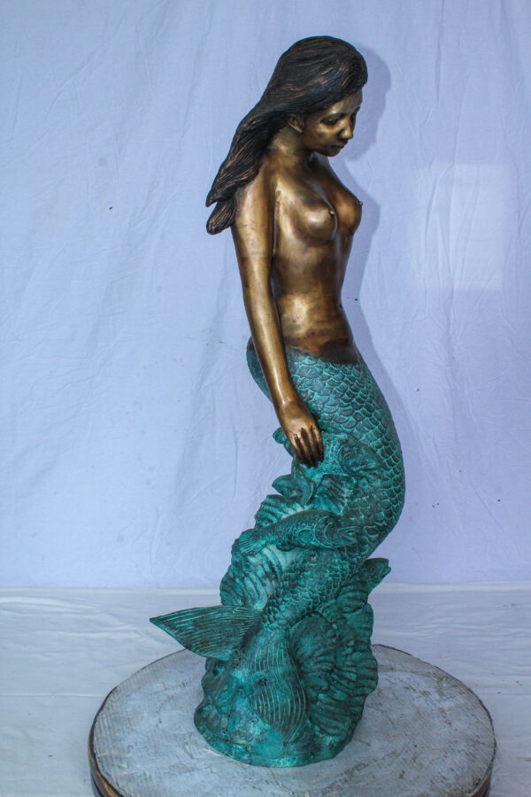 Nude Art Bronze Mermaid Fountain with Fish and Patina Finish 23" x 14" x 39"H - Image 13