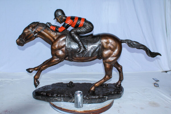 Bronze Horse Racing Statue with Jockey in Striped Uniform 50" x 14" x 29"H - Image 4