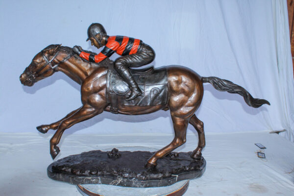 Bronze Horse Racing Statue with Jockey in Striped Uniform 50" x 14" x 29"H - Image 5