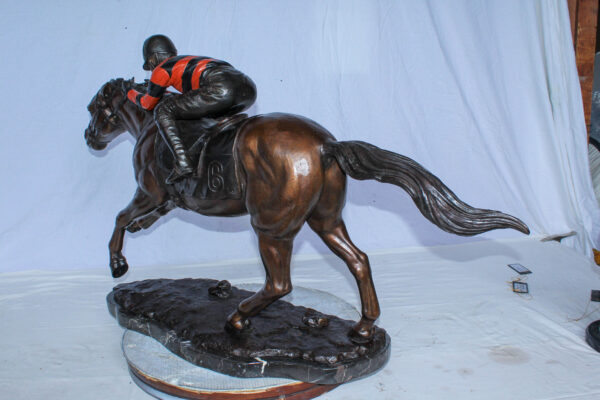 Bronze Horse Racing Statue with Jockey in Striped Uniform 50" x 14" x 29"H - Image 7