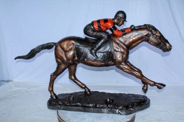 Bronze Horse Racing Statue with Jockey in Striped Uniform 50" x 14" x 29"H - Image 10
