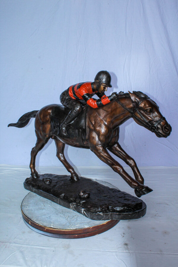 Bronze Horse Racing Statue with Jockey in Striped Uniform 50" x 14" x 29"H - Image 11