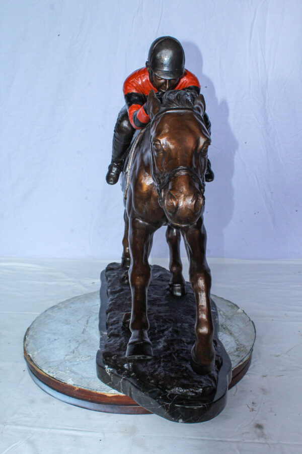 Bronze Horse Racing Statue with Jockey in Striped Uniform 50" x 14" x 29"H - Image 12