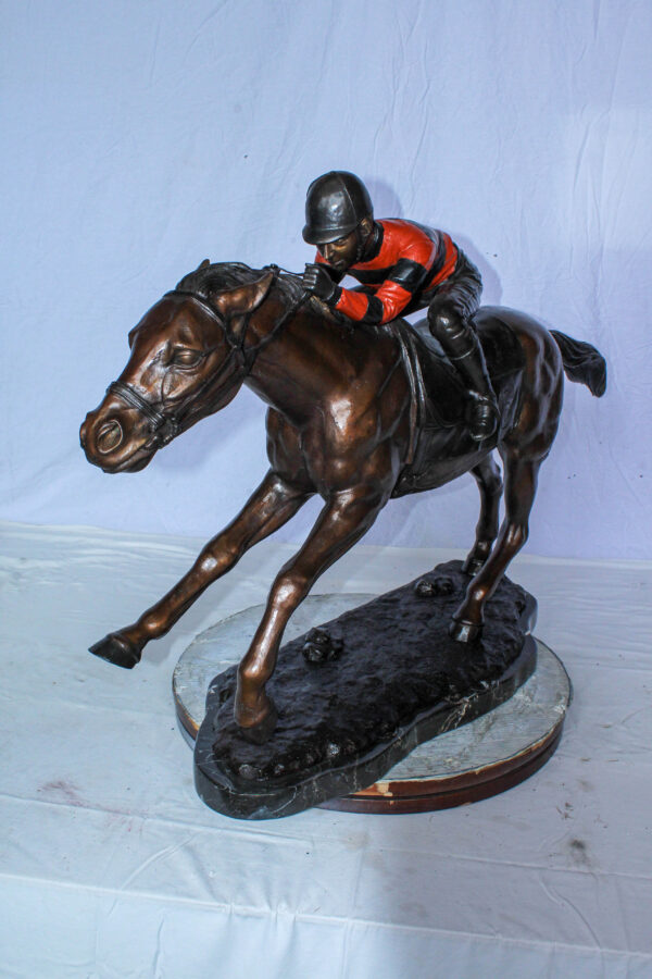 Bronze Horse Racing Statue with Jockey in Striped Uniform 50" x 14" x 29"H - Image 13