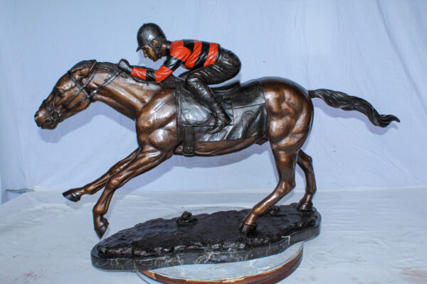 Bronze Horse Racing Statue with Jockey in Striped Uniform 50" x 14" x 29"H - Image 14