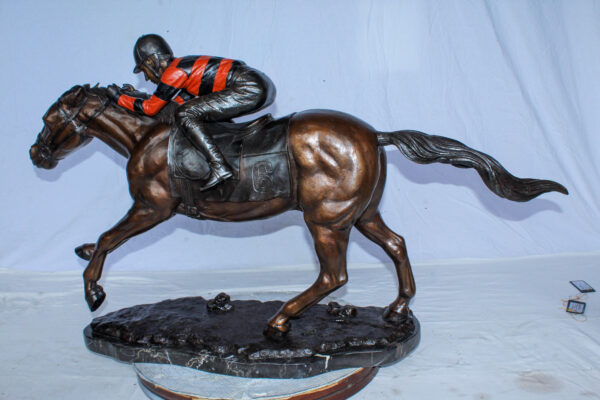 Bronze Horse Racing Statue with Jockey in Striped Uniform 50" x 14" x 29"H - Image 2