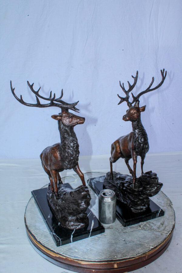 Bronze Pair of Deer Statues on Marble Base Lost Wax Method 15" x 10" x 21"H - Image 5
