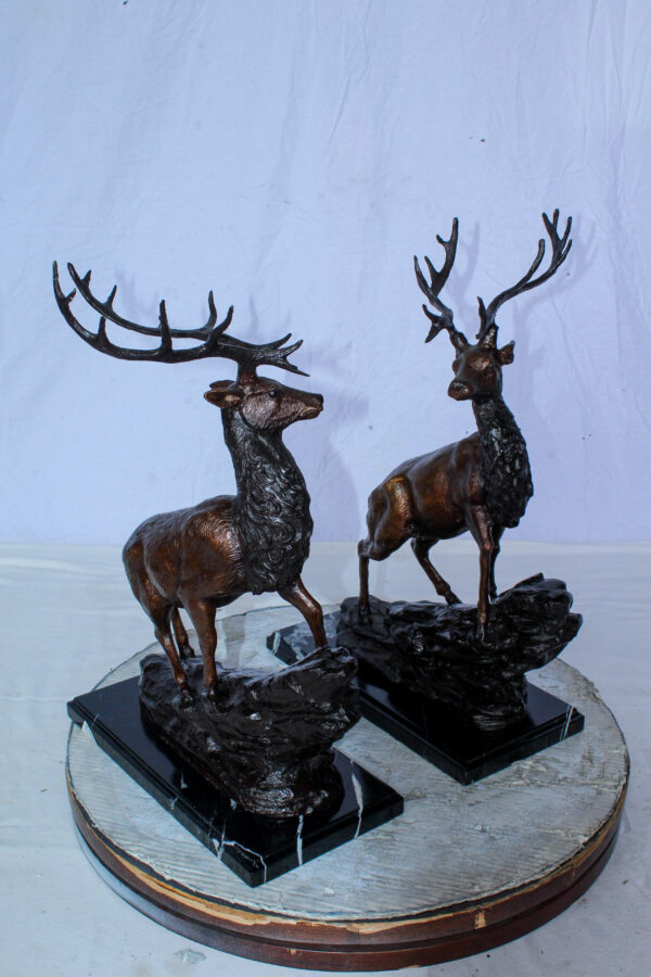 Bronze Pair of Deer Statues on Marble Base Lost Wax Method 15" x 10" x 21"H - Image 6