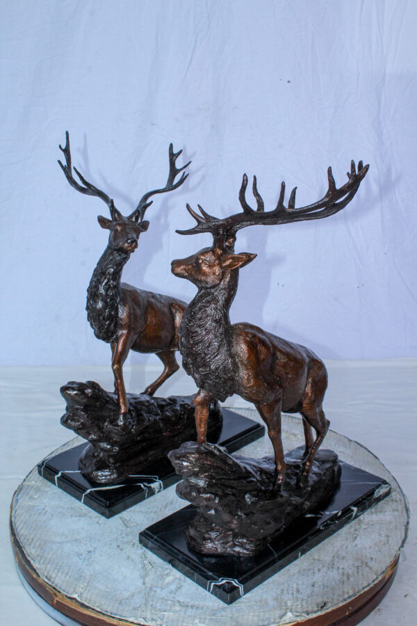 Bronze Pair of Deer Statues on Marble Base Lost Wax Method 15" x 10" x 21"H - Image 12