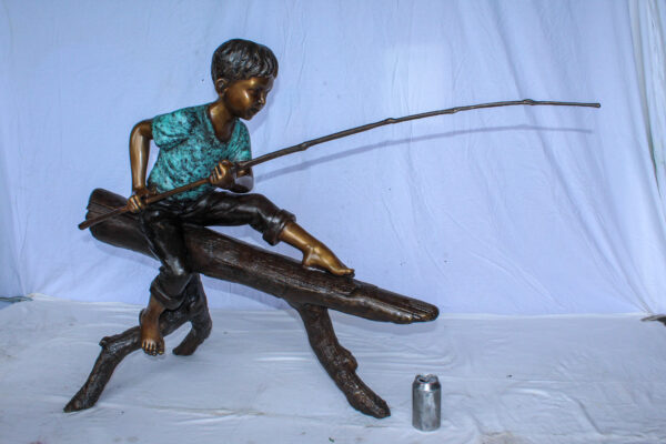 Bronze Statue of Boy Fishing Sitting on Tree Log 50" x 19" x 35"H - Image 4