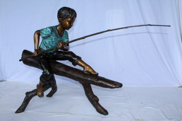 Bronze Statue of Boy Fishing Sitting on Tree Log 50" x 19" x 35"H - Image 5