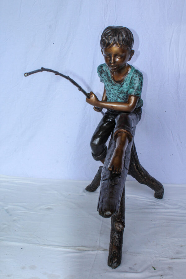 Bronze Statue of Boy Fishing Sitting on Tree Log 50" x 19" x 35"H - Image 7