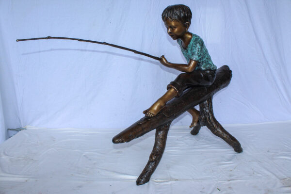 Bronze Statue of Boy Fishing Sitting on Tree Log 50" x 19" x 35"H - Image 8
