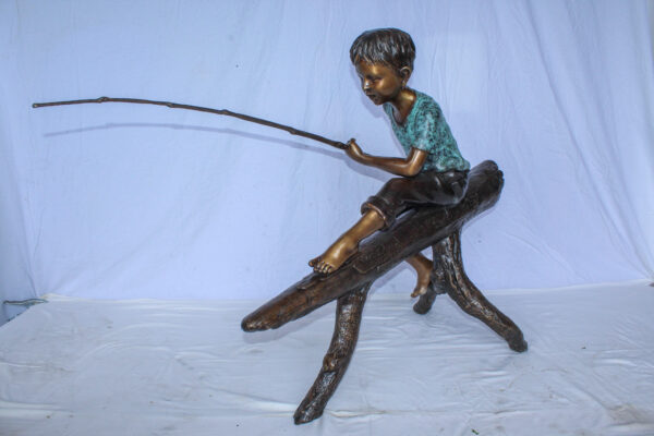 Bronze Statue of Boy Fishing Sitting on Tree Log 50" x 19" x 35"H - Image 9