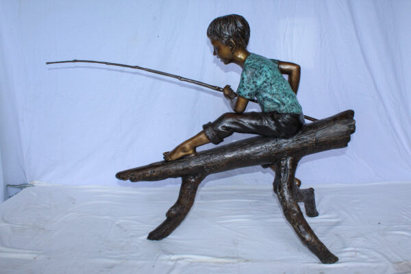 Bronze Statue of Boy Fishing Sitting on Tree Log 50" x 19" x 35"H - Image 10