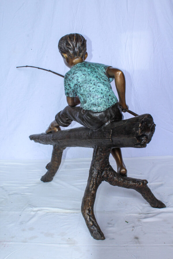 Bronze Statue of Boy Fishing Sitting on Tree Log 50" x 19" x 35"H - Image 11