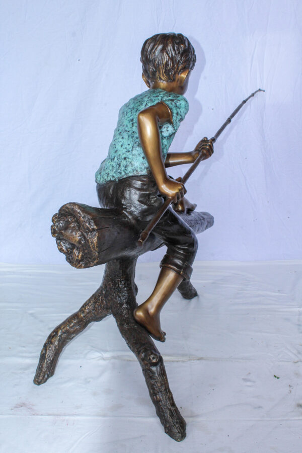 Bronze Statue of Boy Fishing Sitting on Tree Log 50" x 19" x 35"H - Image 12