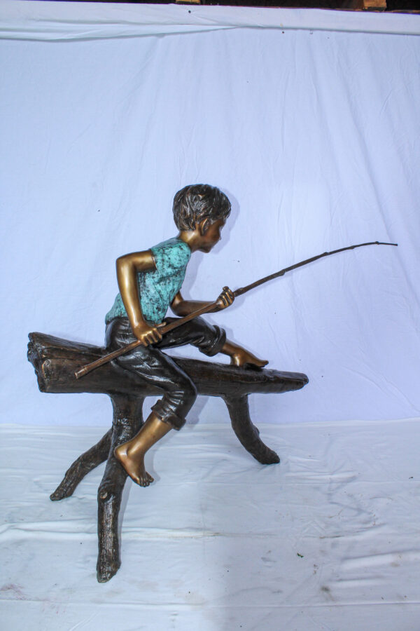 Bronze Statue of Boy Fishing Sitting on Tree Log 50" x 19" x 35"H - Image 13