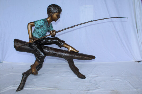 Bronze Statue of Boy Fishing Sitting on Tree Log 50" x 19" x 35"H - Image 2