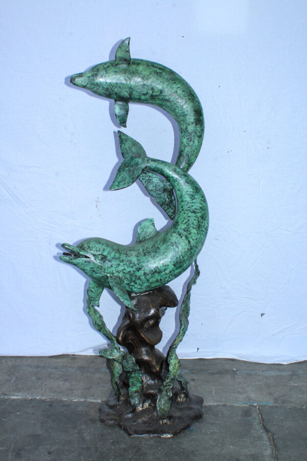 Giant Bronze Dolphin Fountain Sculpture with Green Patina 23" x 15" x 66"H - Image 9