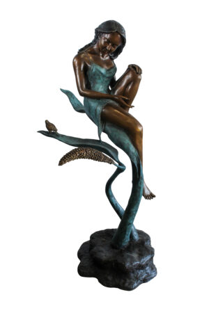Beautiful Girl Bronze Statue on a Vine With Bird and Pinecone 26" x 24" x 53"H