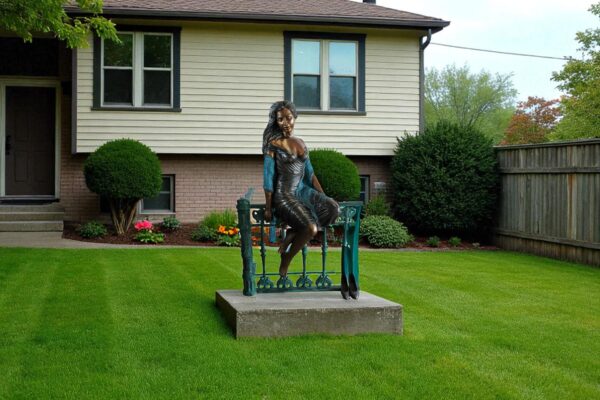 Bronze Statue of a Woman Sitting on Railing Holding a Rose 35" x 55" x 67"H - Image 8