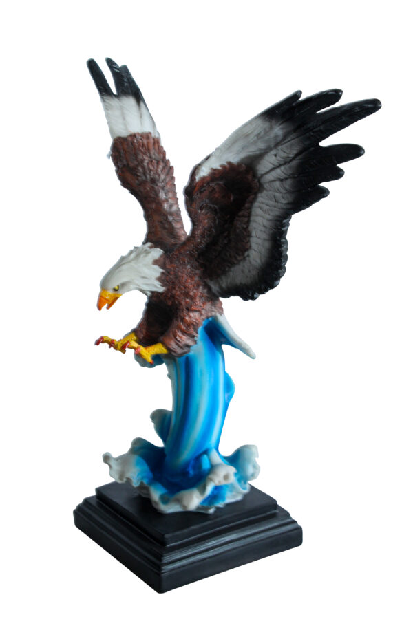 Resin Bald Eagle Statue Diving Over Ocean Wave on Base 14" x 7" x 17"H