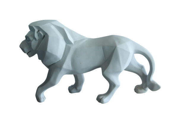 White Resin Geometric Lion Sculpture in Walking Stance Art   17" x 5" x 9"H