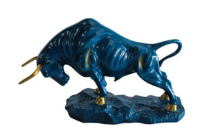 Blue Resin Bull Statue with Gold Horns and Hooves on Base   14" x 4" x 9"H