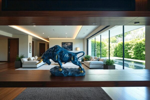 Blue Resin Bull Statue with Gold Horns and Hooves on Base   14" x 4" x 9"H - Image 11