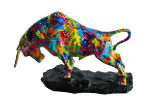 Colorful Resin Bull Statue with Splatter Art and Gold Horns   14" x 4" x 9"H