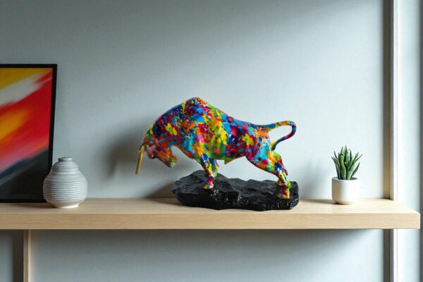 Colorful Resin Bull Statue with Splatter Art and Gold Horns   14" x 4" x 9"H - Image 8